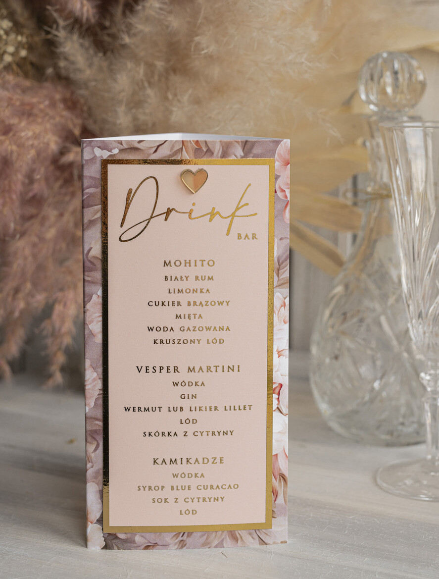 Menu glamour menu i numerek na stół weselny, karta dań weselnych, różowo złote menu weselne, menu i numerek na stół w jednym, eleganckie menu na stół weselny17