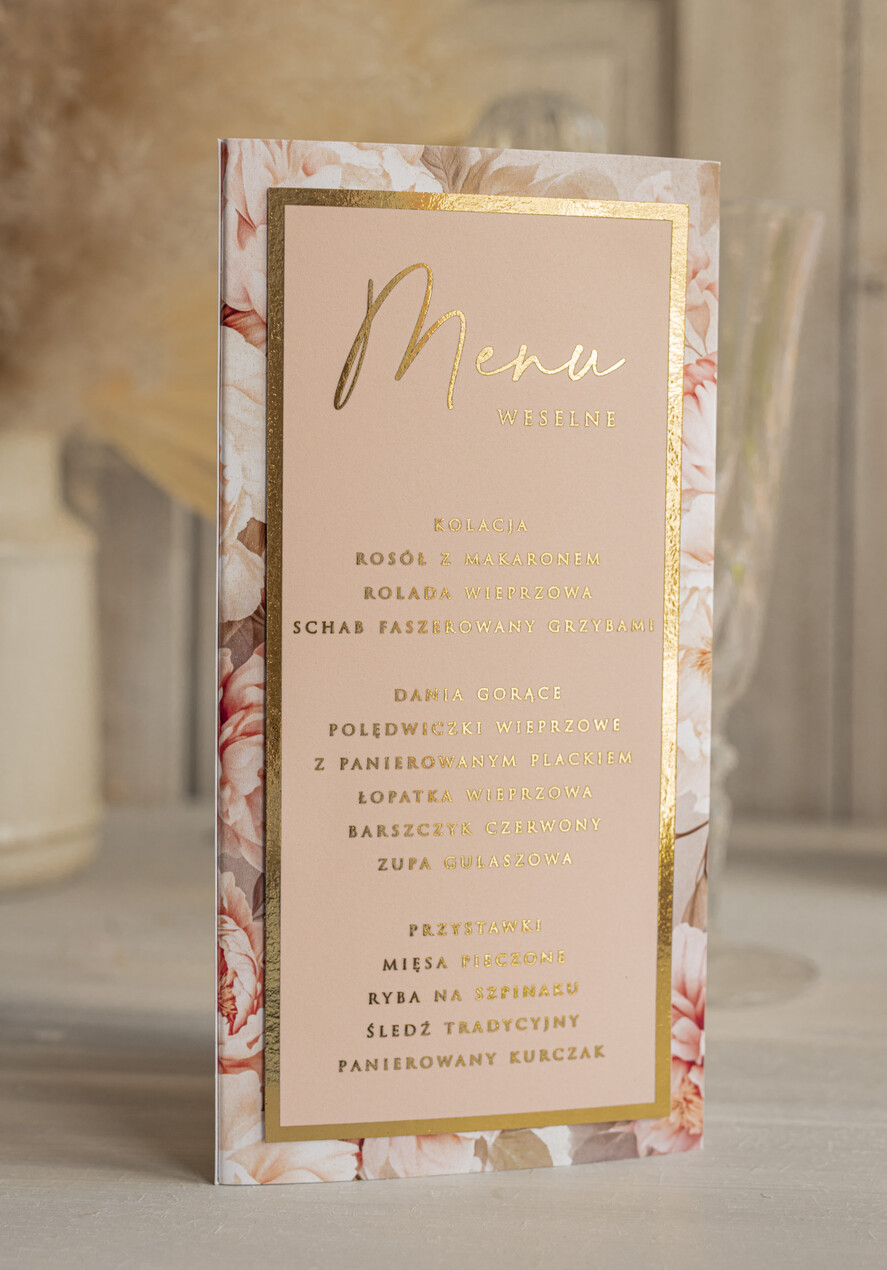 Menu glamour menu i numerek na stół weselny, karta dań weselnych, różowo złote menu weselne, menu i numerek na stół w jednym, eleganckie menu na stół weselny3