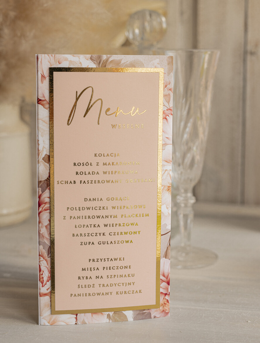 Menu glamour menu i numerek na stół weselny, karta dań weselnych, różowo złote menu weselne, menu i numerek na stół w jednym, eleganckie menu na stół weselny4