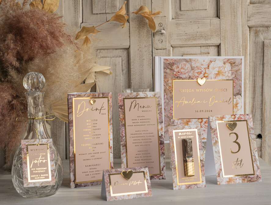 Menu glamour menu i numerek na stół weselny, karta dań weselnych, różowo złote menu weselne, menu i numerek na stół w jednym, eleganckie menu na stół weselny8