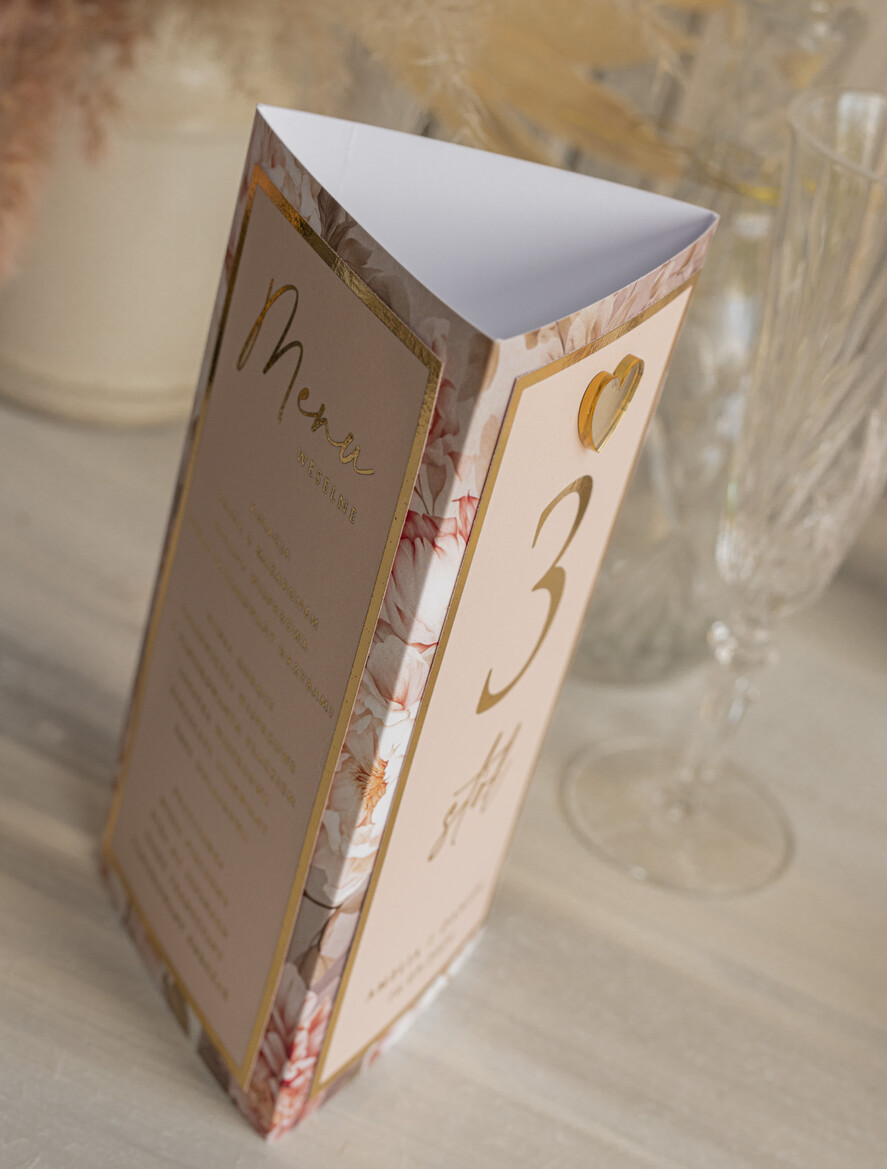 Menu glamour menu i numerek na stół weselny, karta dań weselnych, różowo złote menu weselne, menu i numerek na stół w jednym, eleganckie menu na stół weselny2