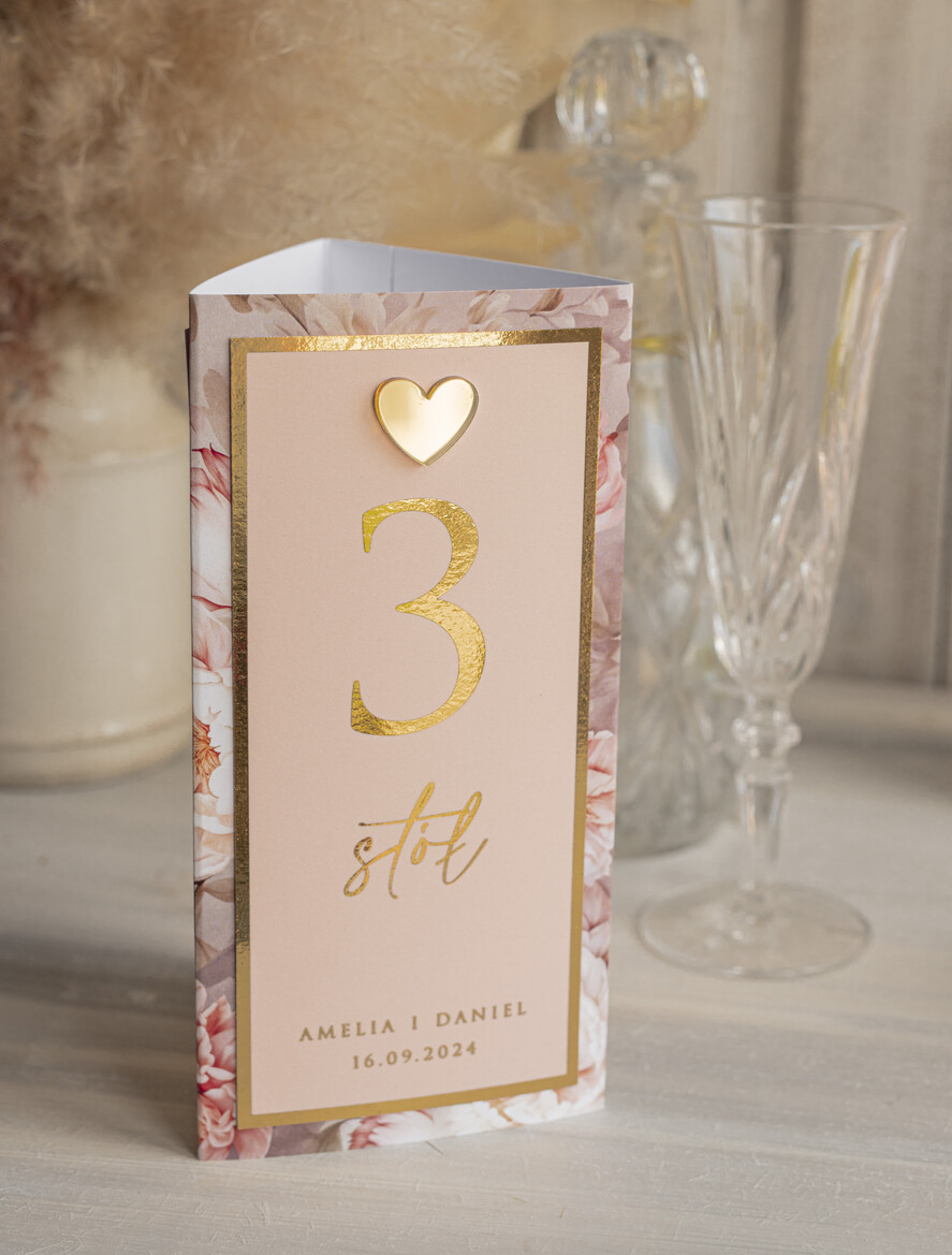 Menu glamour menu i numerek na stół weselny, karta dań weselnych, różowo złote menu weselne, menu i numerek na stół w jednym, eleganckie menu na stół weselny7