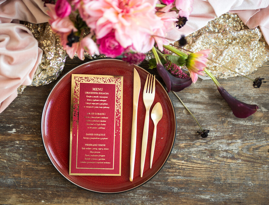 Menu glamour menu weselne na stół karta dań weselnych, eleganckie zlocone litery wasza treść0