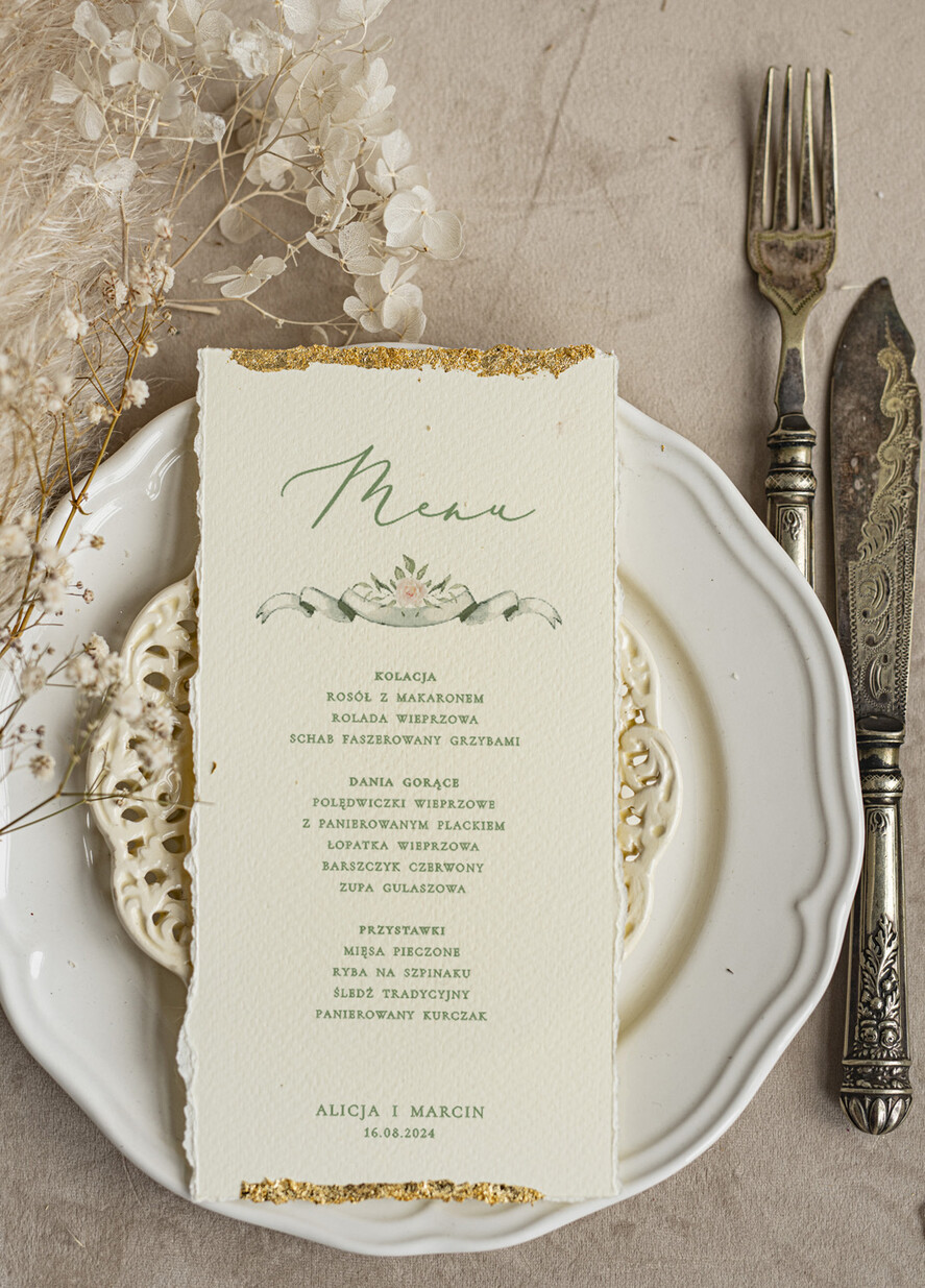 Menu glamour złota karta dań weselnych, menu weselne z dartymi brzegami i płatkami złota, karta podawania dań na weselu ze złotem 1