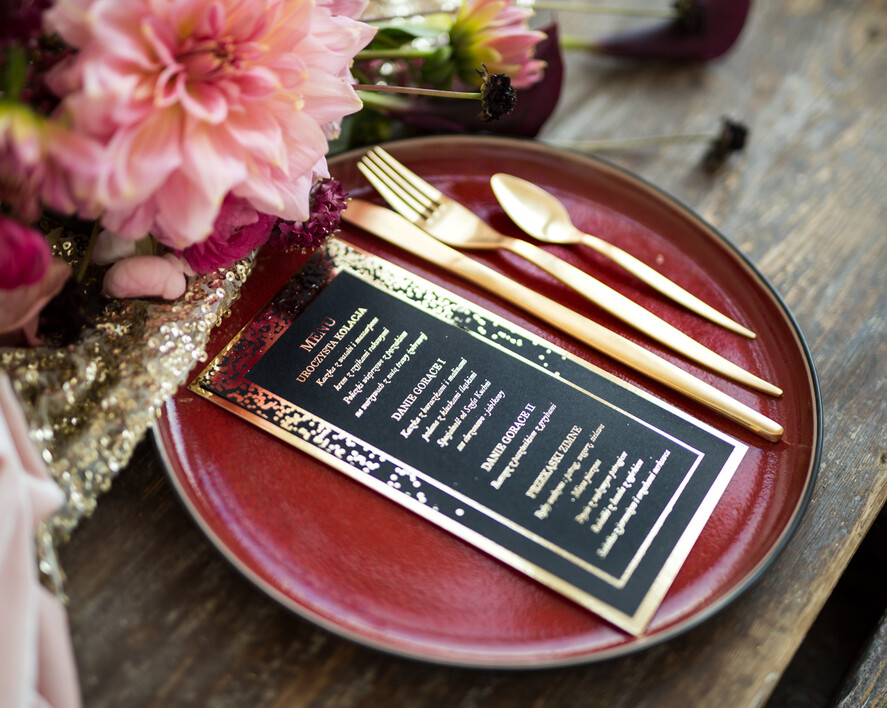 Menu glamour ślubne menu karta potraw weselnych, złote lub srebrne napisy wasza treść1