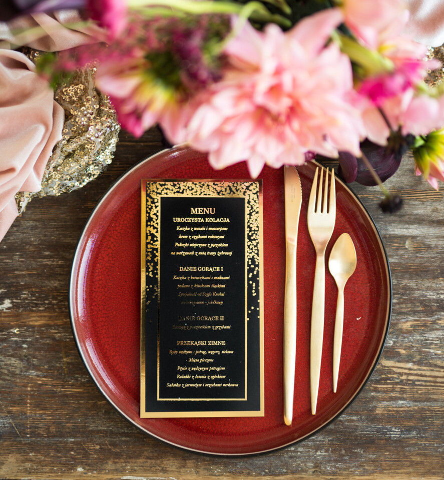 Menu glamour ślubne menu karta potraw weselnych, złote lub srebrne napisy wasza treść0