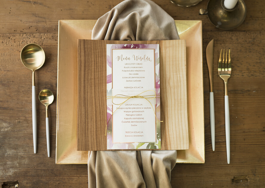 Menu glamour menu ślubne z planem posiłków, glamour złote litery wasza treść0