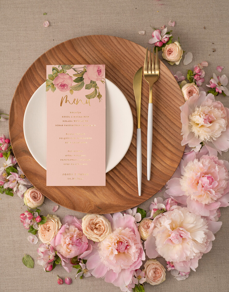 Menu glamour menu weselne na stoły plan podawania posiłków, złote i eleganckie na klasyczne wesele1