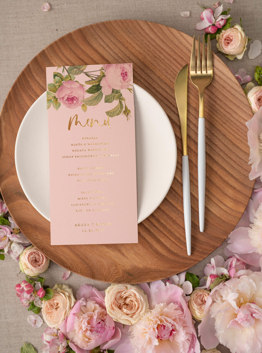 Menu glamour menu weselne na stoły plan podawania posiłków, złote i eleganckie na klasyczne wesele0