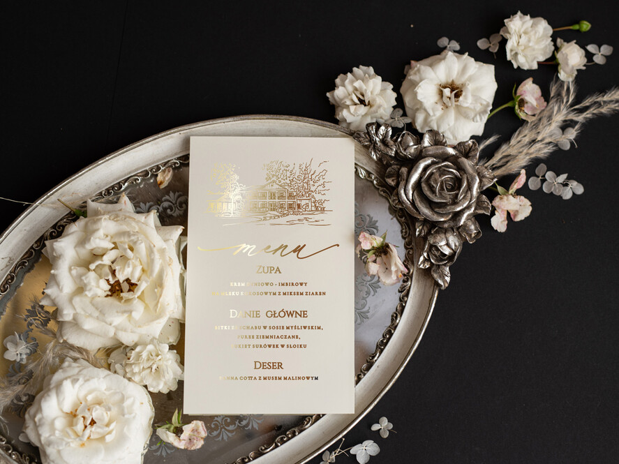 Menu glamour menu ślubne z planem posiłków, złocone i eleganckie menu weselne, dekoracja stołu weselnego menu 0