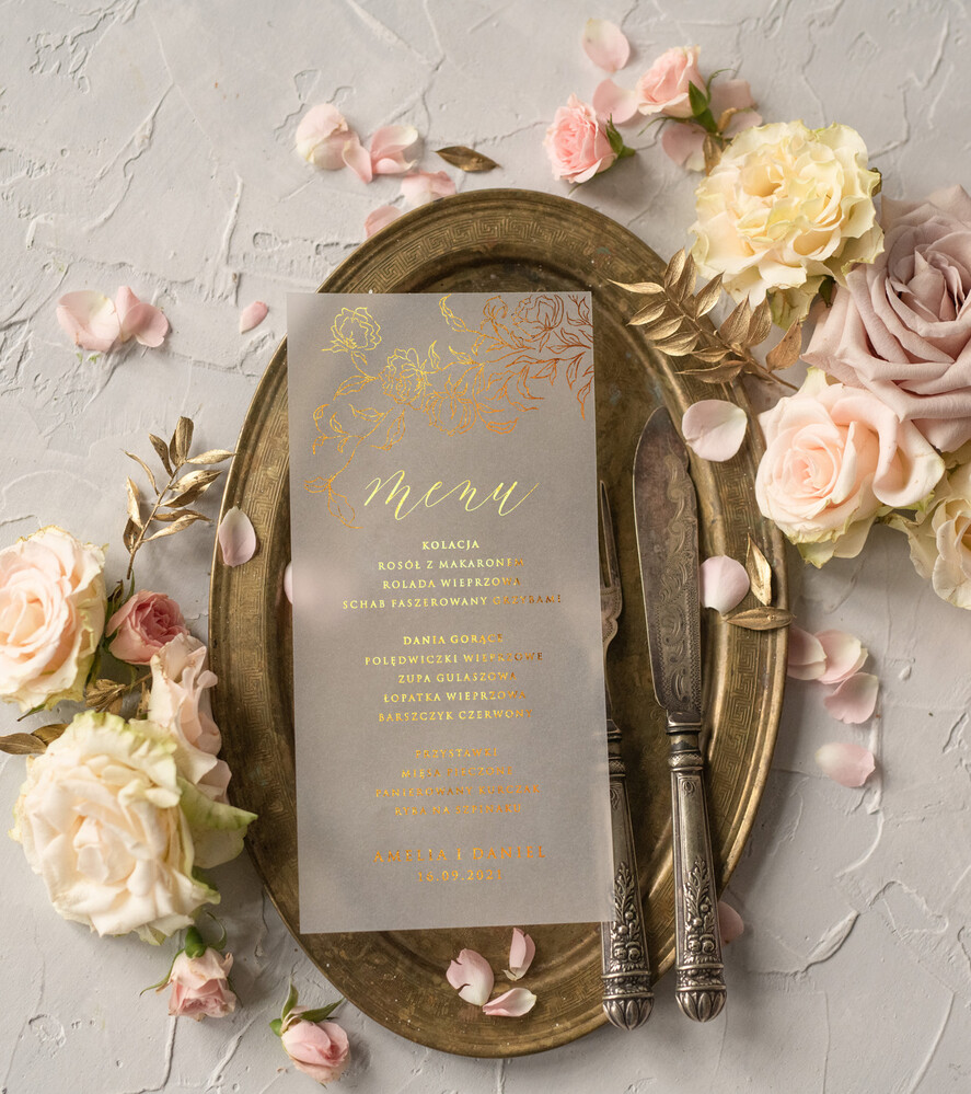 Menu glamour menu weselne na stół karta dań weselnych, złocone i eleganckie dowolna treść1