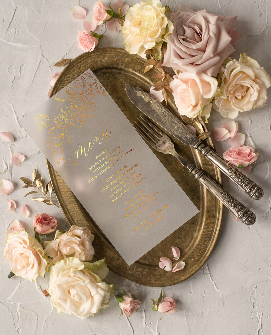 Menu glamour menu weselne na stół karta dań weselnych, złocone i eleganckie dowolna treść2