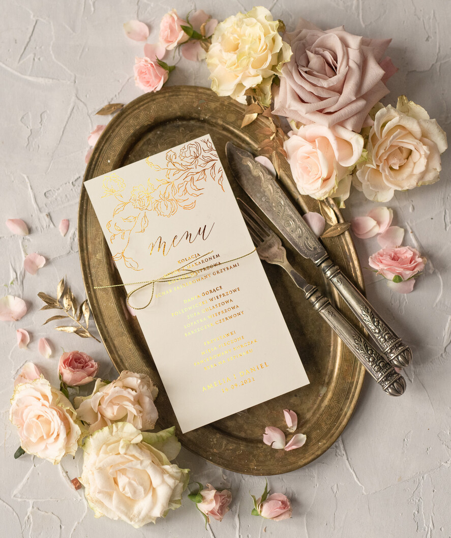 Menu glamour menu weselne na stół karta dań weselnych, złocone i eleganckie dowolna treść3
