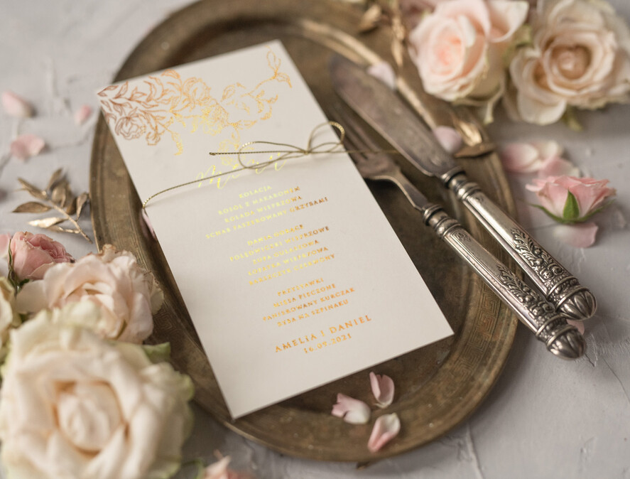 Menu glamour menu weselne na stół karta dań weselnych, złocone i eleganckie dowolna treść4