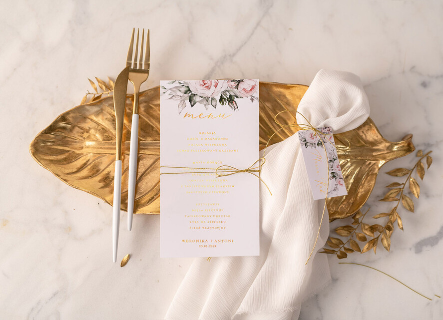 Menu glamour ślubne menu karta potraw weselnych, eleganckie zlocone litery wasza treść1