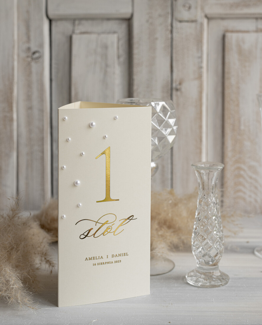 Menu glamour menu weselne karta dań weselnych, eleganckie menu zlocone litery i perełki, stojąca karta dań z numerkiem stołu w jednym, menu, karta drinków, karta deserów 8