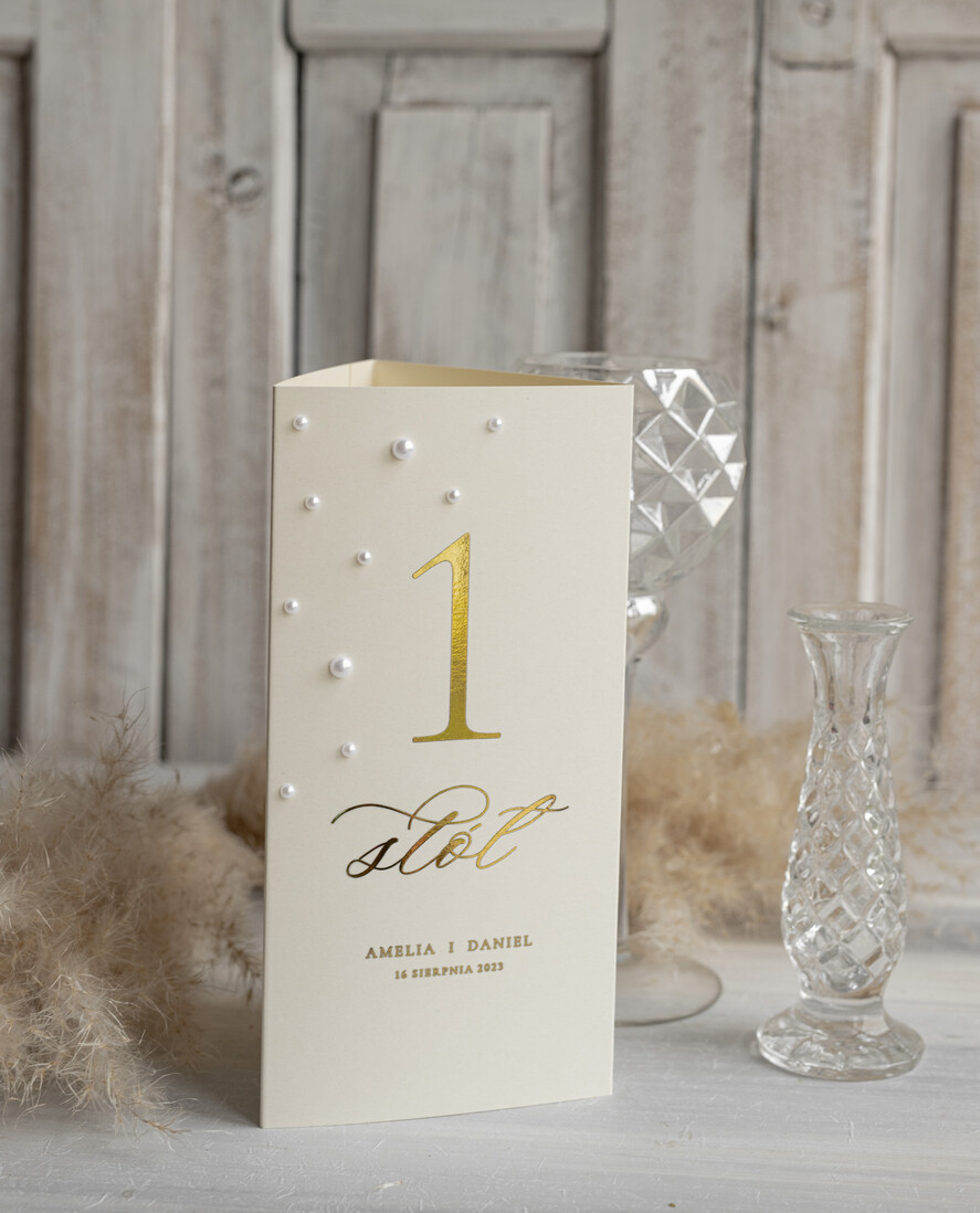 Menu glamour menu weselne karta dań weselnych, eleganckie menu zlocone litery i perełki, stojąca karta dań z numerkiem stołu w jednym, menu, karta drinków, karta deserów 1