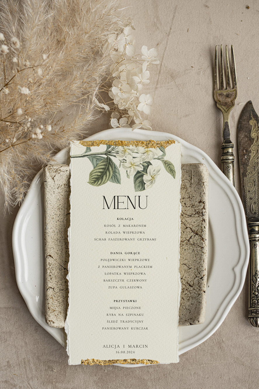 Menu glamour złota karta dań weselnych, menu weselne z dartymi brzegami i płatkami złota, karta podawania dań na weselu ze złotem 2