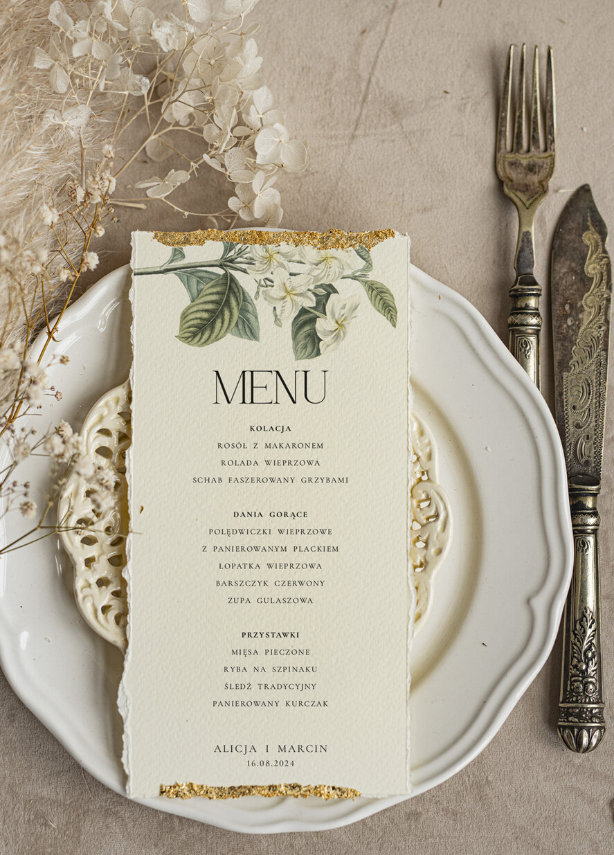 Menu glamour złota karta dań weselnych, menu weselne z dartymi brzegami i płatkami złota, karta podawania dań na weselu ze złotem 3