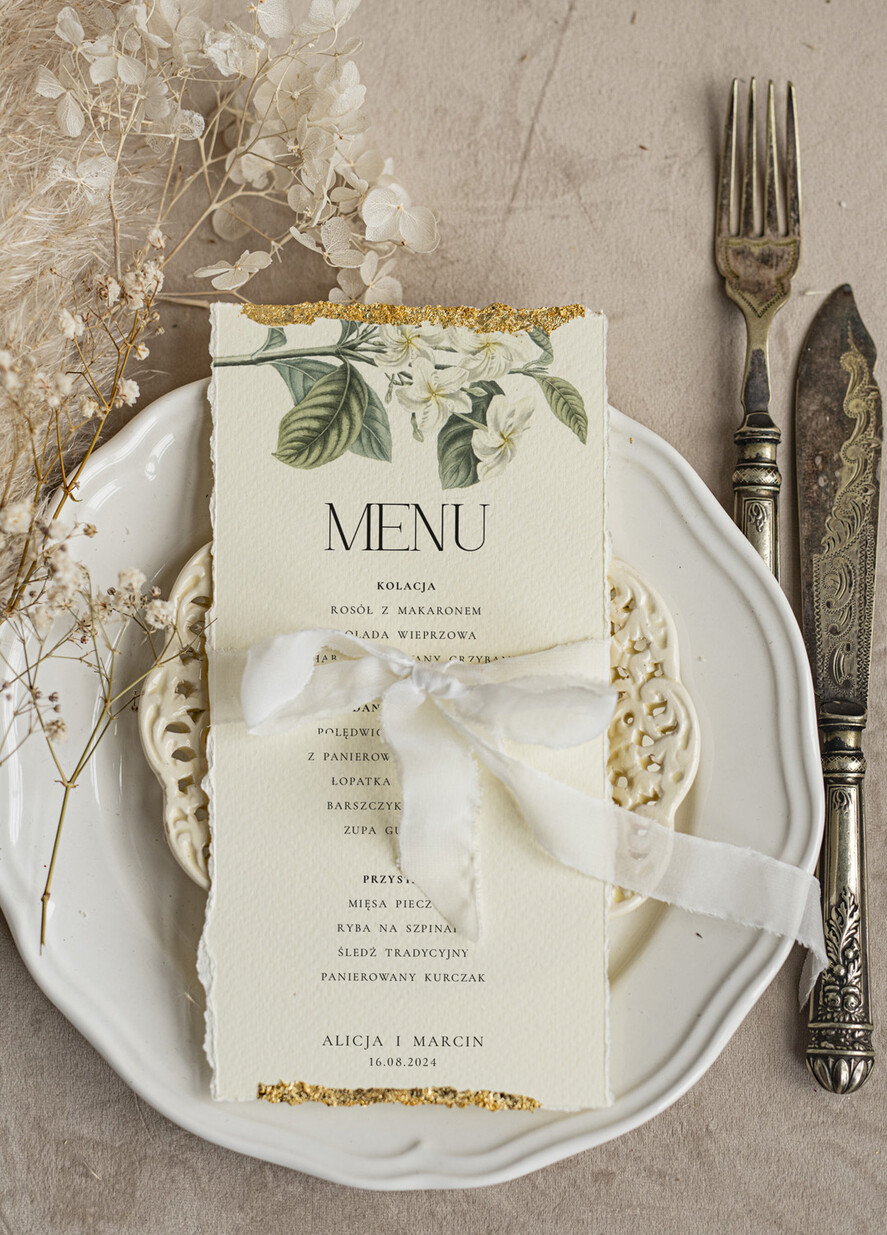Menu glamour złota karta dań weselnych, menu weselne z dartymi brzegami i płatkami złota, karta podawania dań na weselu ze złotem 1
