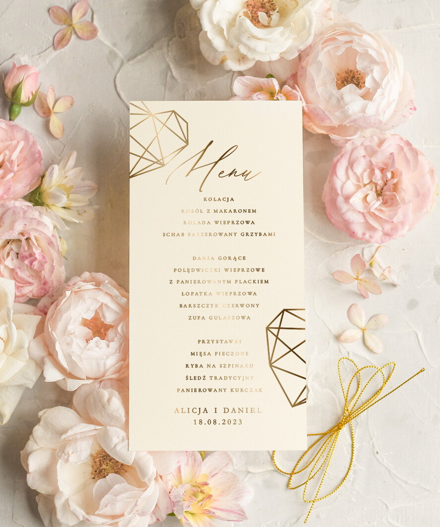 Menu glamour weselne menu karta potraw weselnych, glamour złote litery wasza treść1