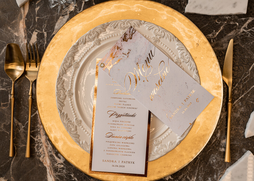 Menu glamour menu weselne plan podawania posiłków na weselu, złote lub srebrne napisy wasza treść5