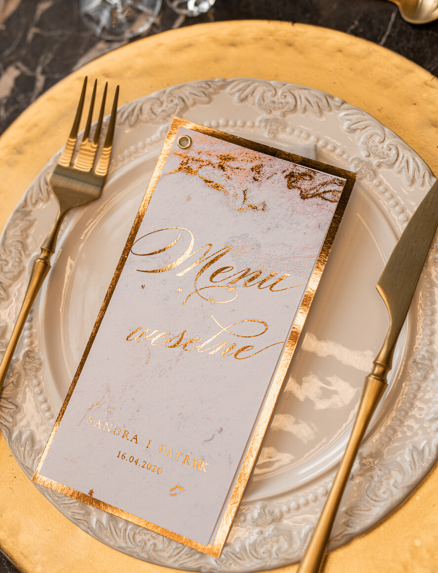 Menu glamour menu weselne plan podawania posiłków na weselu, złote lub srebrne napisy wasza treść0