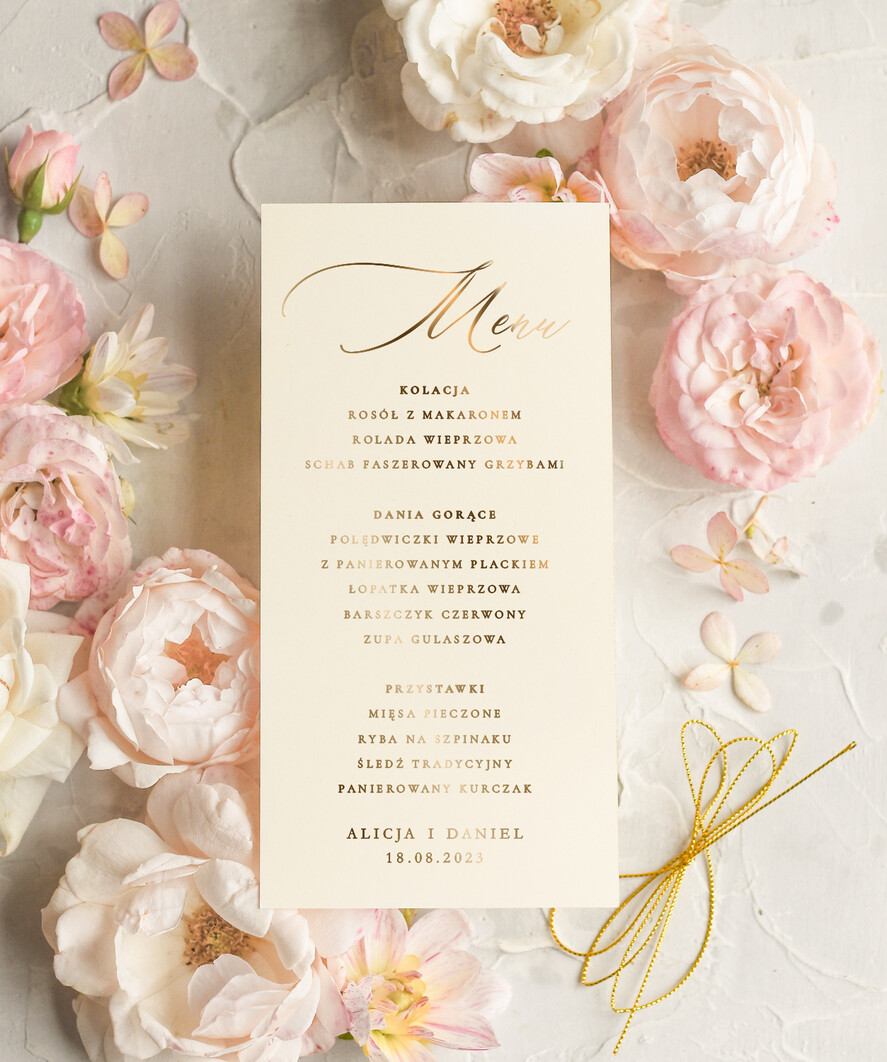 Menu glamour weselne menu karta potraw weselnych, glamour złote litery wasza treść, menu na stół weselny1