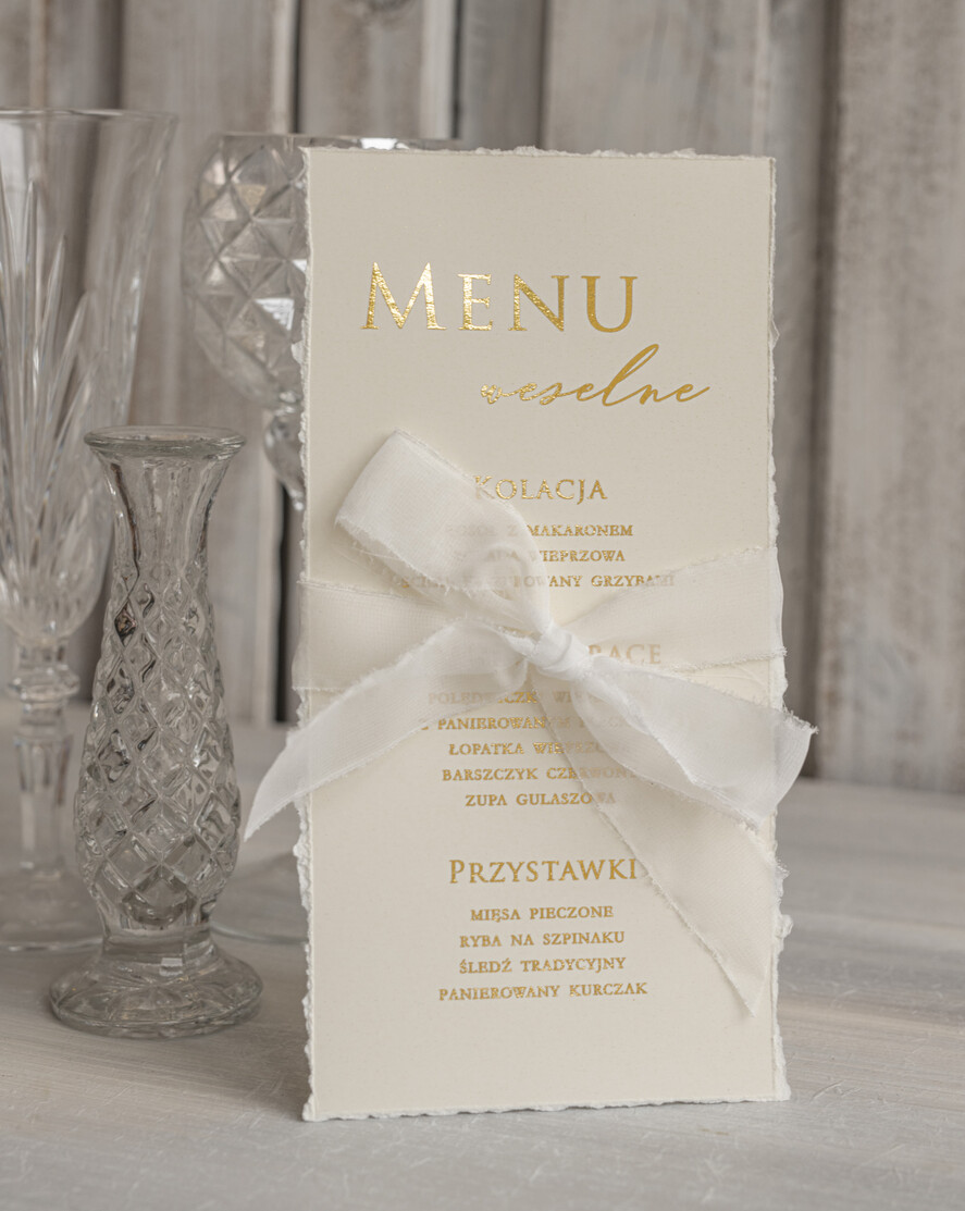 Menu glamour menu ślubne z planem posiłków, złote napisy dowolna treść menu ślubnego, wydzierane brzegi elegancka złota karta dań na weselu2