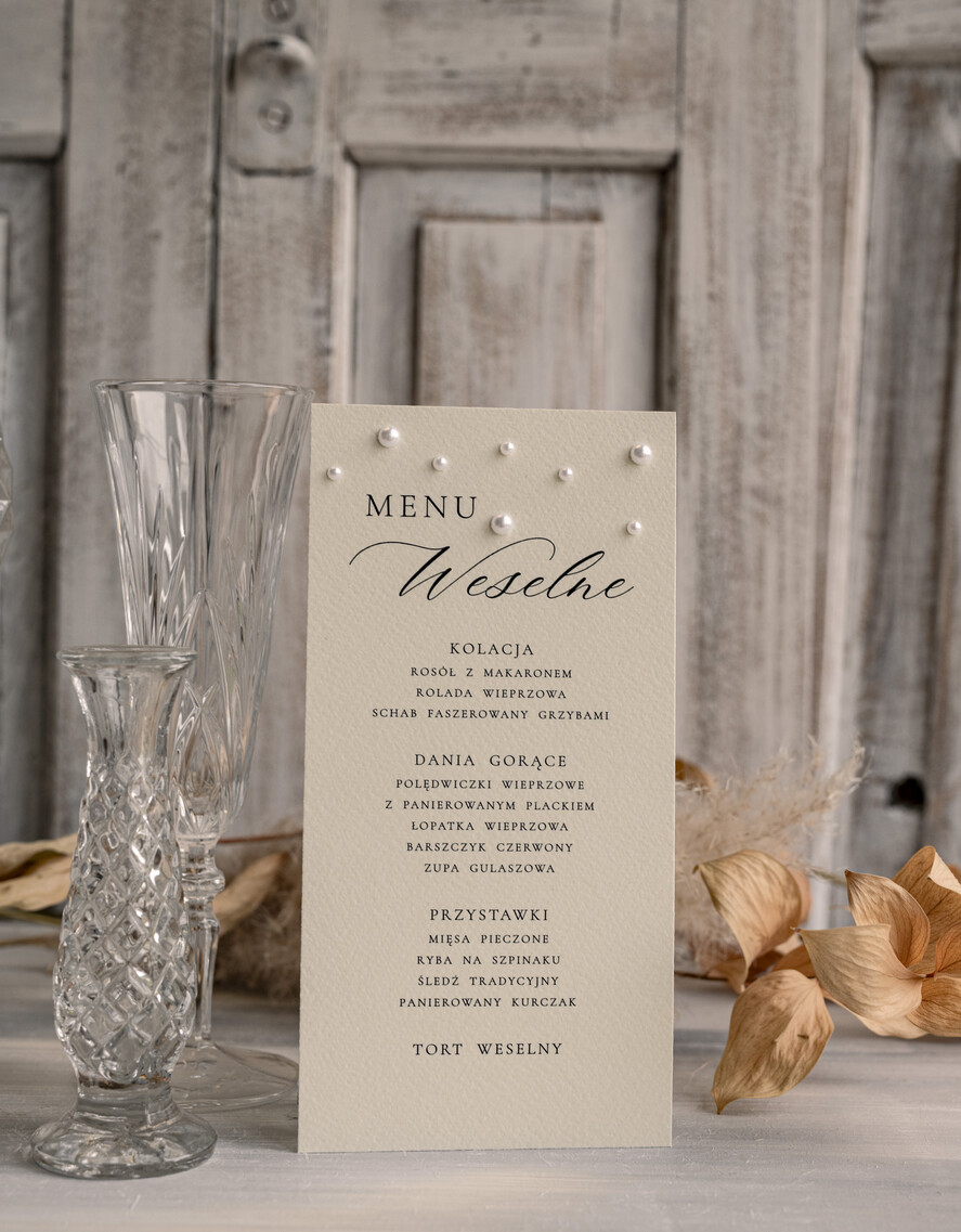 Menu glamour Menu weselne nowoczesne z perełkami, karta dań na weselu, proste i eleganckie menu ślubne, perełki na menu ozdoba stołu weselnego 2