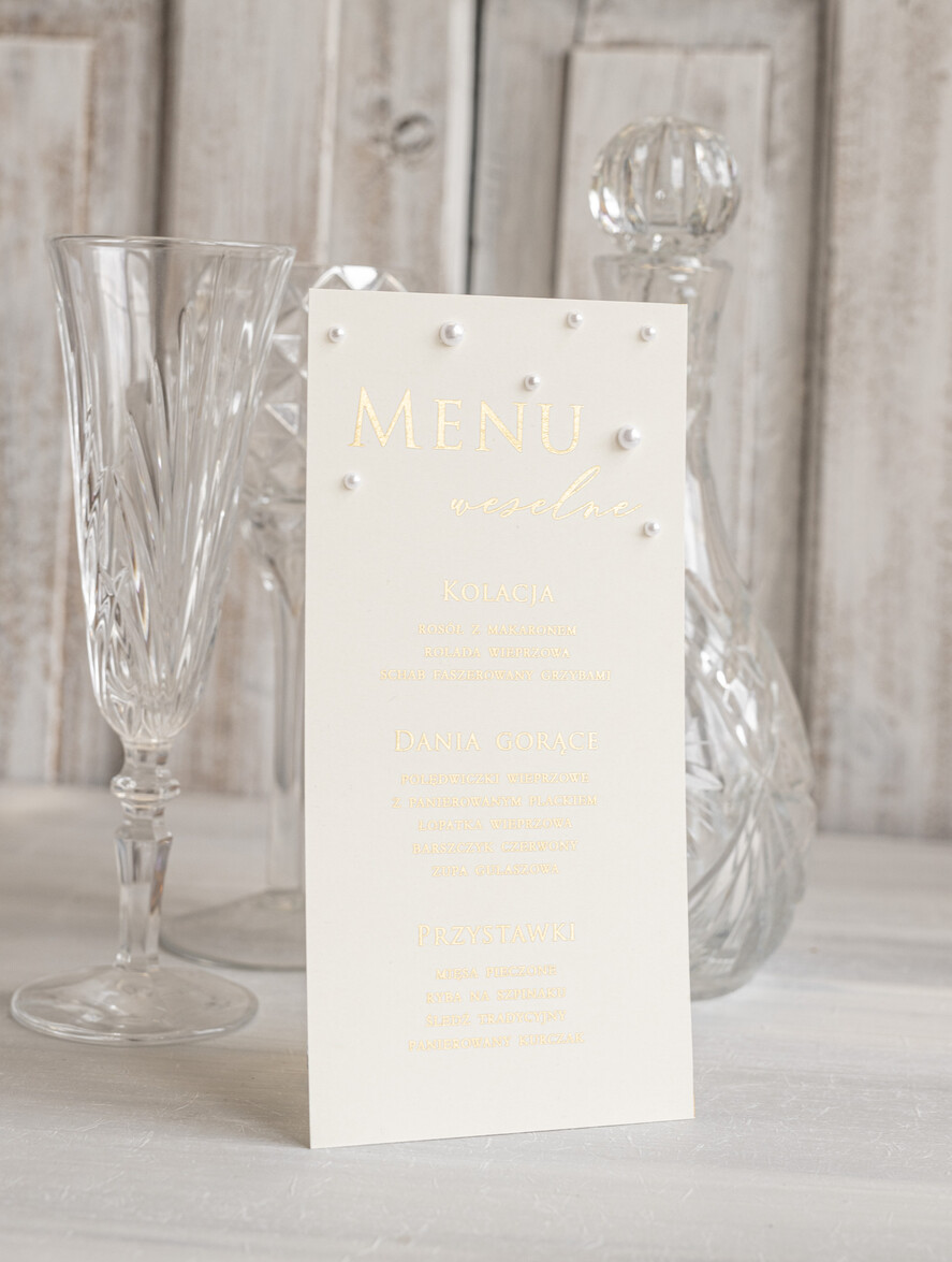 Menu glamour ślubne menu z planem podawania dań wesenych, wesele glamour złote litery, złote menu z perełkami, ozdoba stołu weselnego4