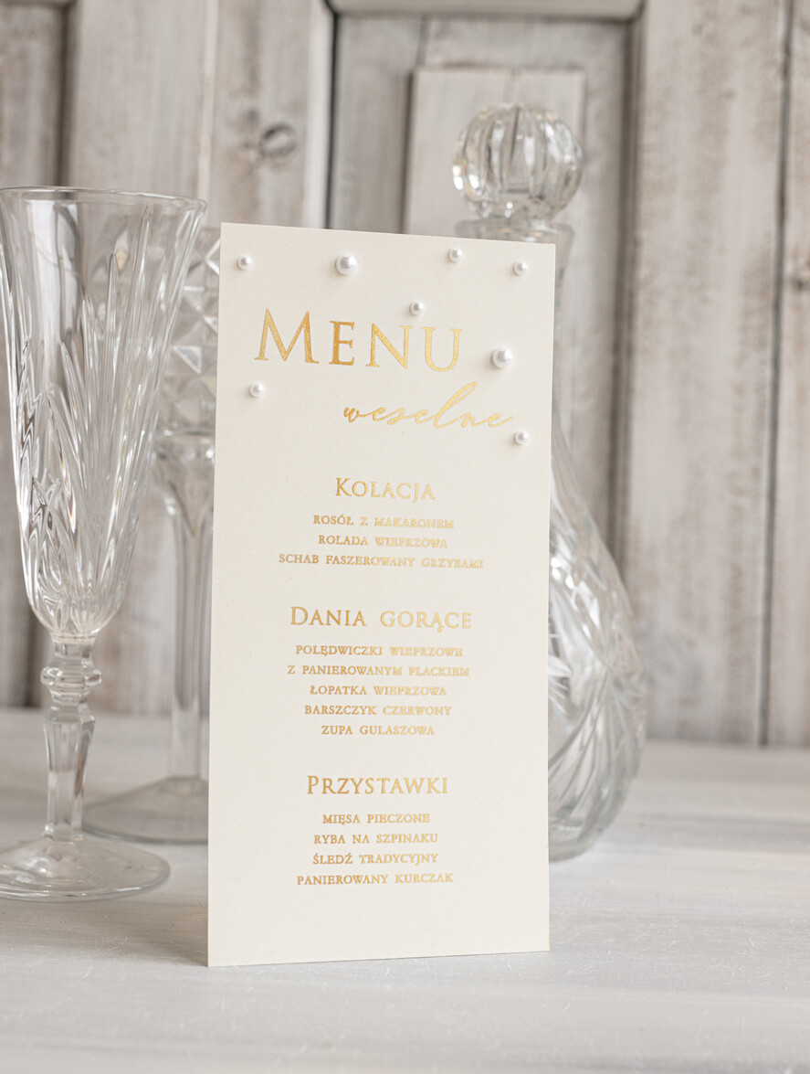 Menu glamour ślubne menu z planem podawania dań wesenych, wesele glamour złote litery, złote menu z perełkami, ozdoba stołu weselnego6