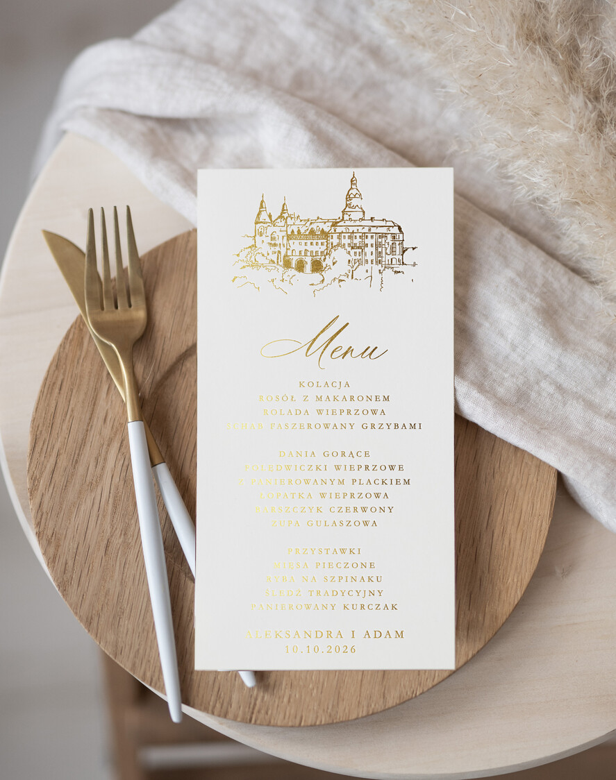 Menu glamour menu weselne plan podawania posiłków na weselu, zlocone napisy dowolna treść0