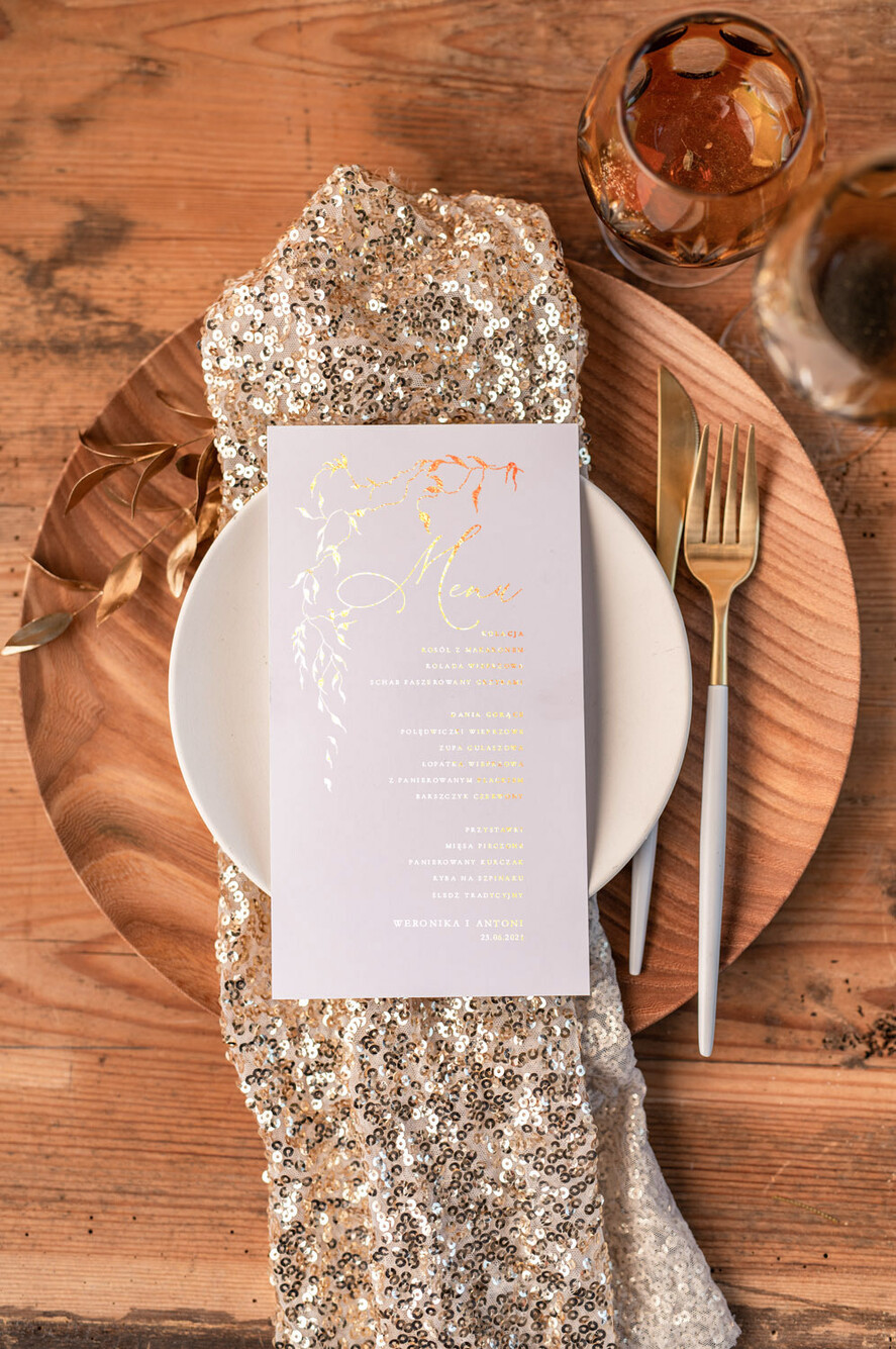 Menu glamour ślubne menu z planem podawania dań wesenych, złote lub srebrne napisy wasza treść1