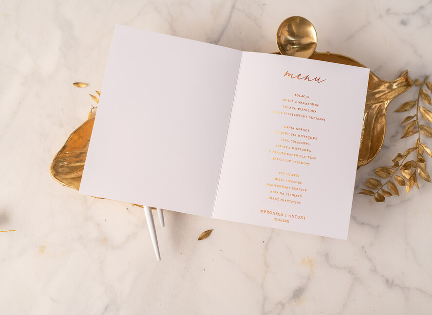 Menu glamour menu weselne na stoły karta dań weselnych, eleganckie zlocone litery wasza treść1