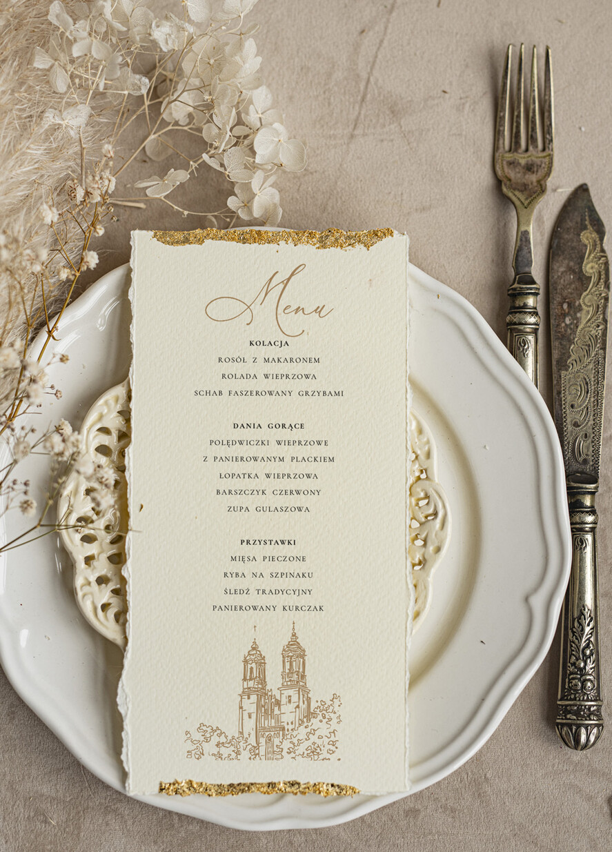 Menu glamour złota karta dań weselnych, menu weselne z dartymi brzegami i płatkami złota, karta podawania dań na weselu ze złotem 2