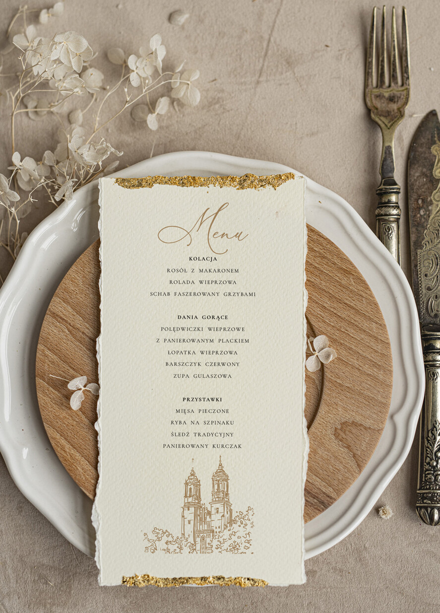 Menu glamour złota karta dań weselnych, menu weselne z dartymi brzegami i płatkami złota, karta podawania dań na weselu ze złotem 4