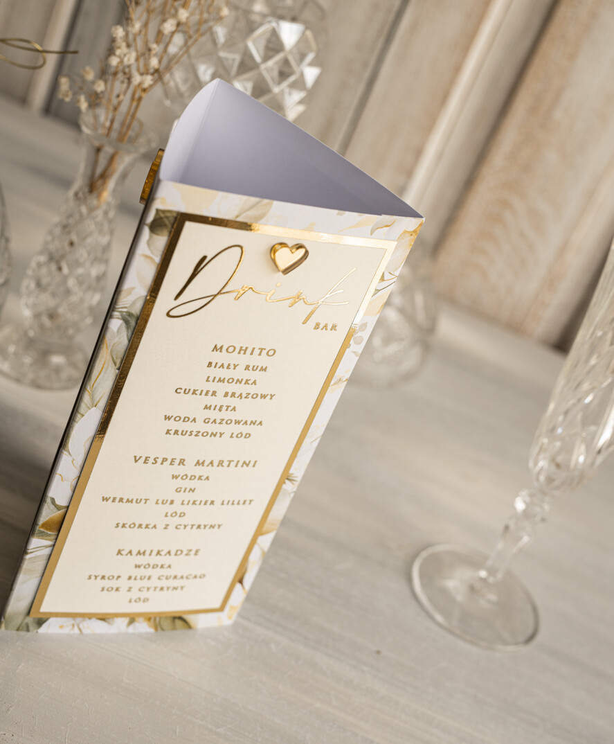 Menu glamour karta drików, menu i numerek na stół weselny, karta dań weselnych, złote menu weselne, menu i numerek na stół w jednym, eleganckie menu na stół weselny1