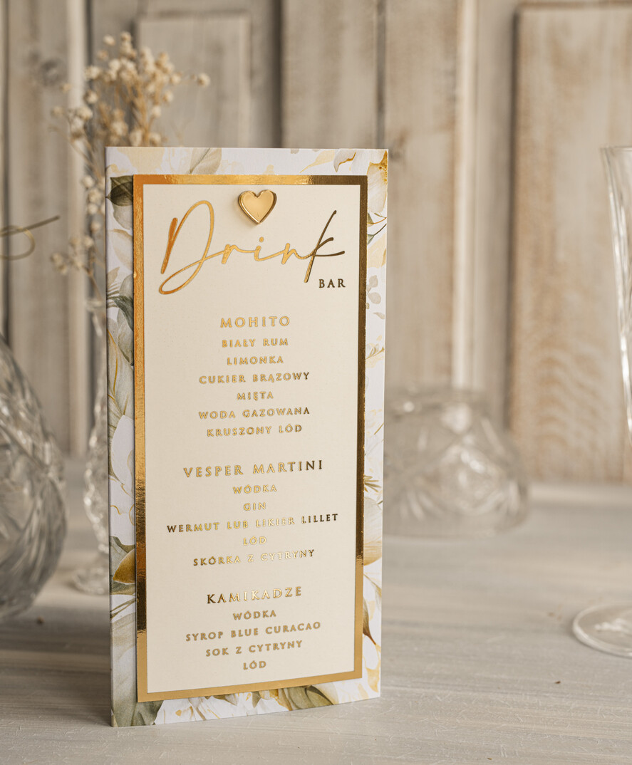 Menu glamour karta drików, menu i numerek na stół weselny, karta dań weselnych, złote menu weselne, menu i numerek na stół w jednym, eleganckie menu na stół weselny2