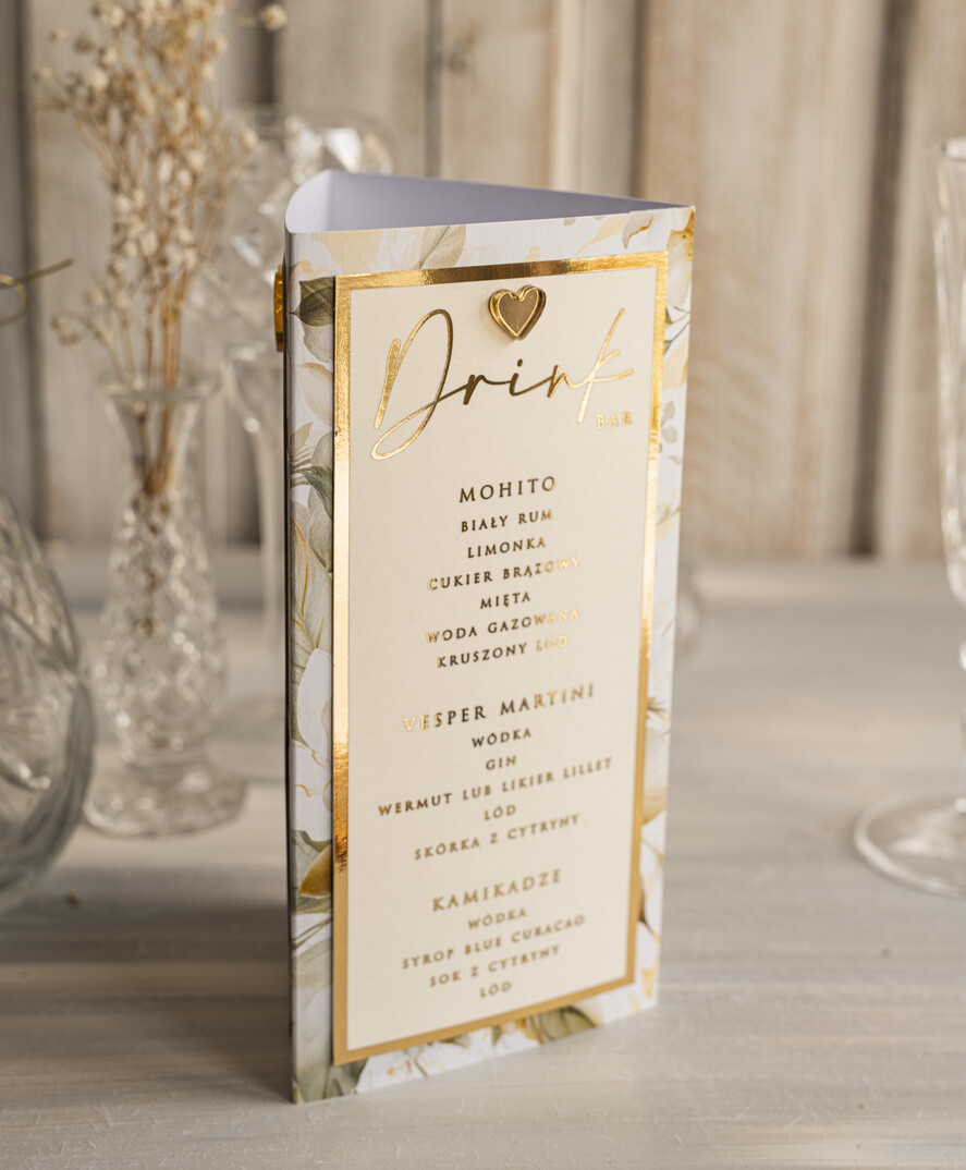 Menu glamour karta drików, menu i numerek na stół weselny, karta dań weselnych, złote menu weselne, menu i numerek na stół w jednym, eleganckie menu na stół weselny4