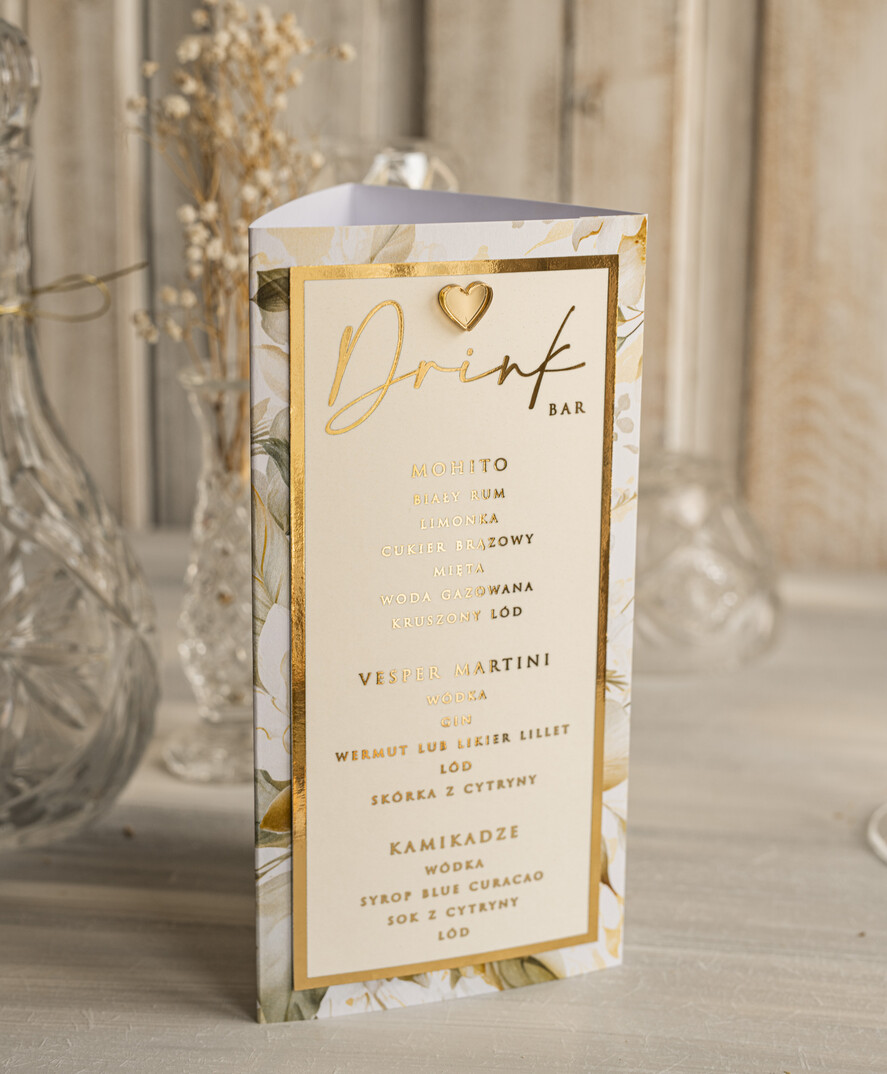 Menu glamour karta drików, menu i numerek na stół weselny, karta dań weselnych, złote menu weselne, menu i numerek na stół w jednym, eleganckie menu na stół weselny5