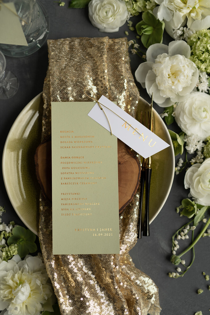 Menu glamour weselne menu karta potraw weselnych, złote i eleganckie na klasyczne wesele1