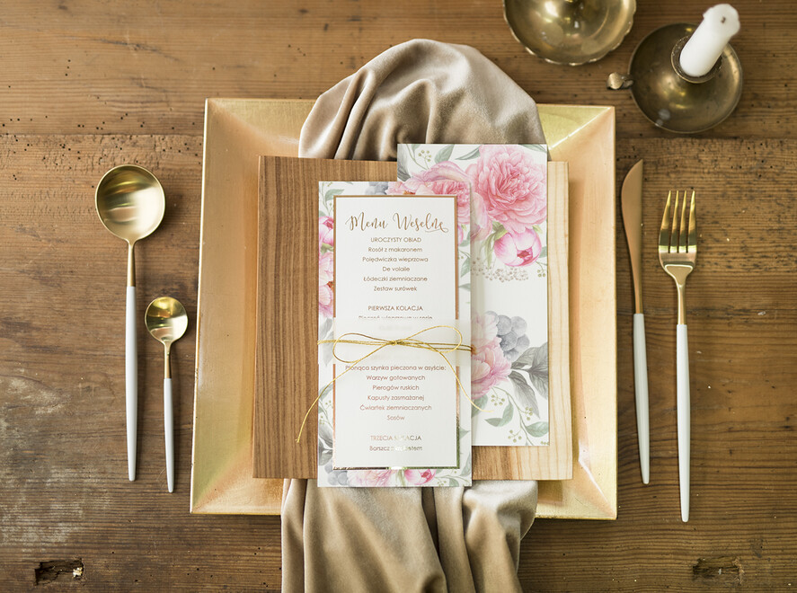 Menu glamour menu weselne plan podawania posiłków na weselu, eleganckie zlocone litery wasza treść0