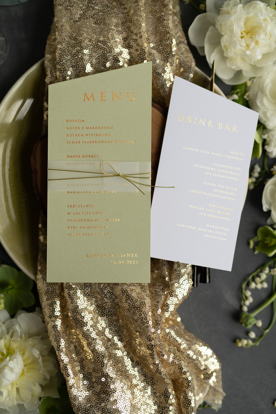 Menu glamour menu weselne na stoły plan podawania posiłków, złocone i eleganckie dowolna treść1