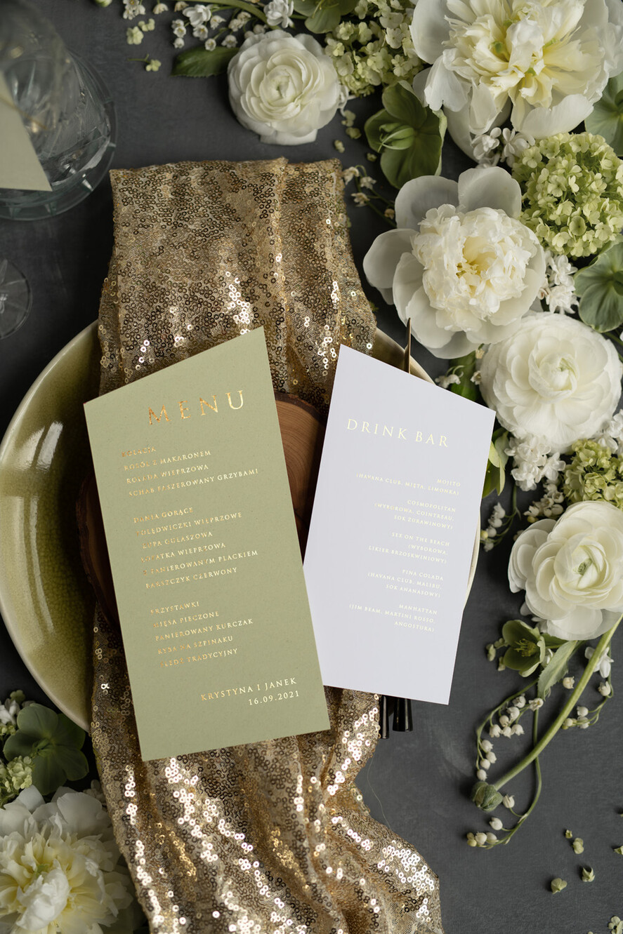 Menu glamour menu weselne na stoły plan podawania posiłków, złocone i eleganckie dowolna treść2
