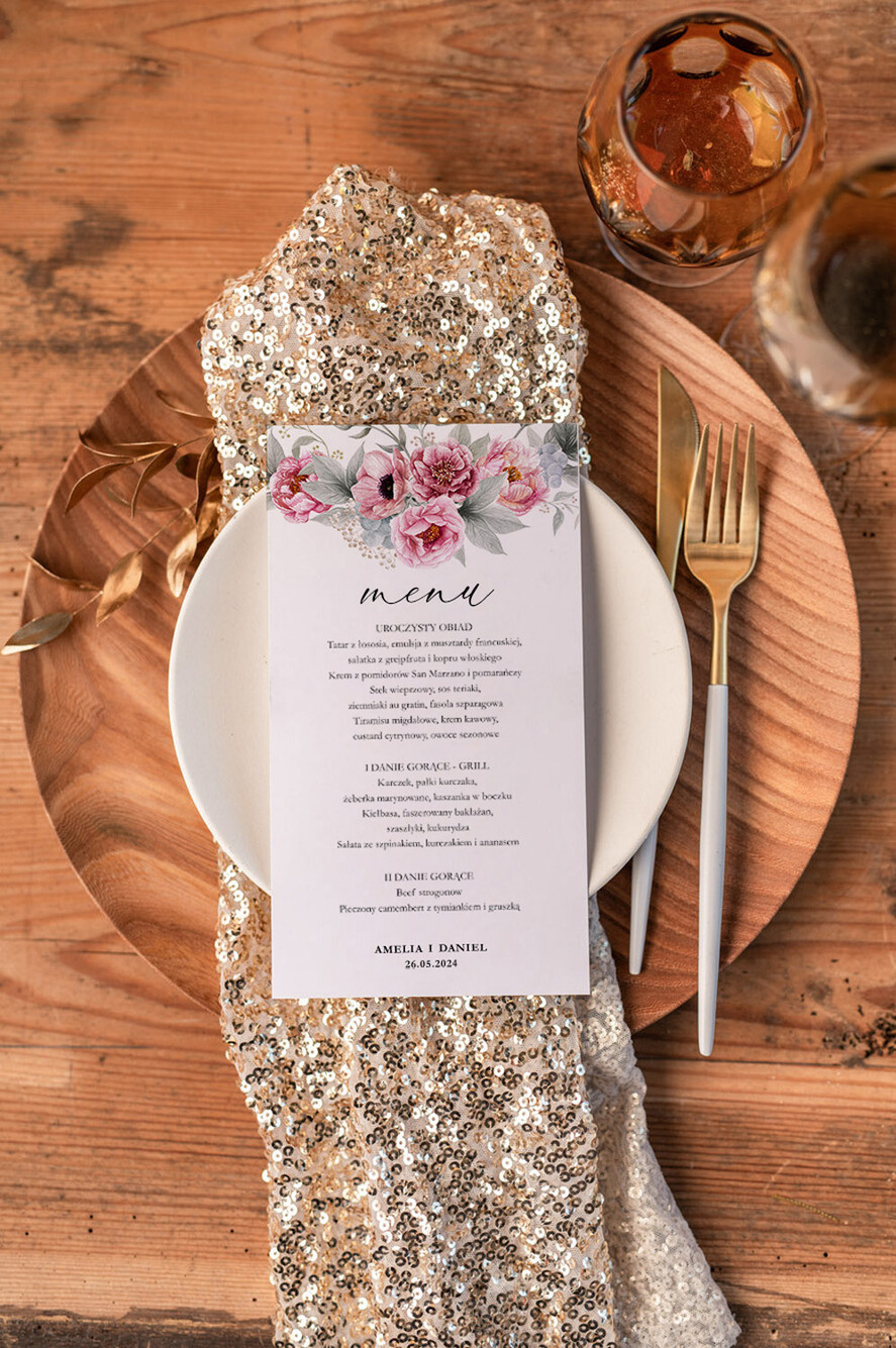 Menu glamour weselne menu karta potraw weselnych, eleganckie zlocone litery wasza treść0