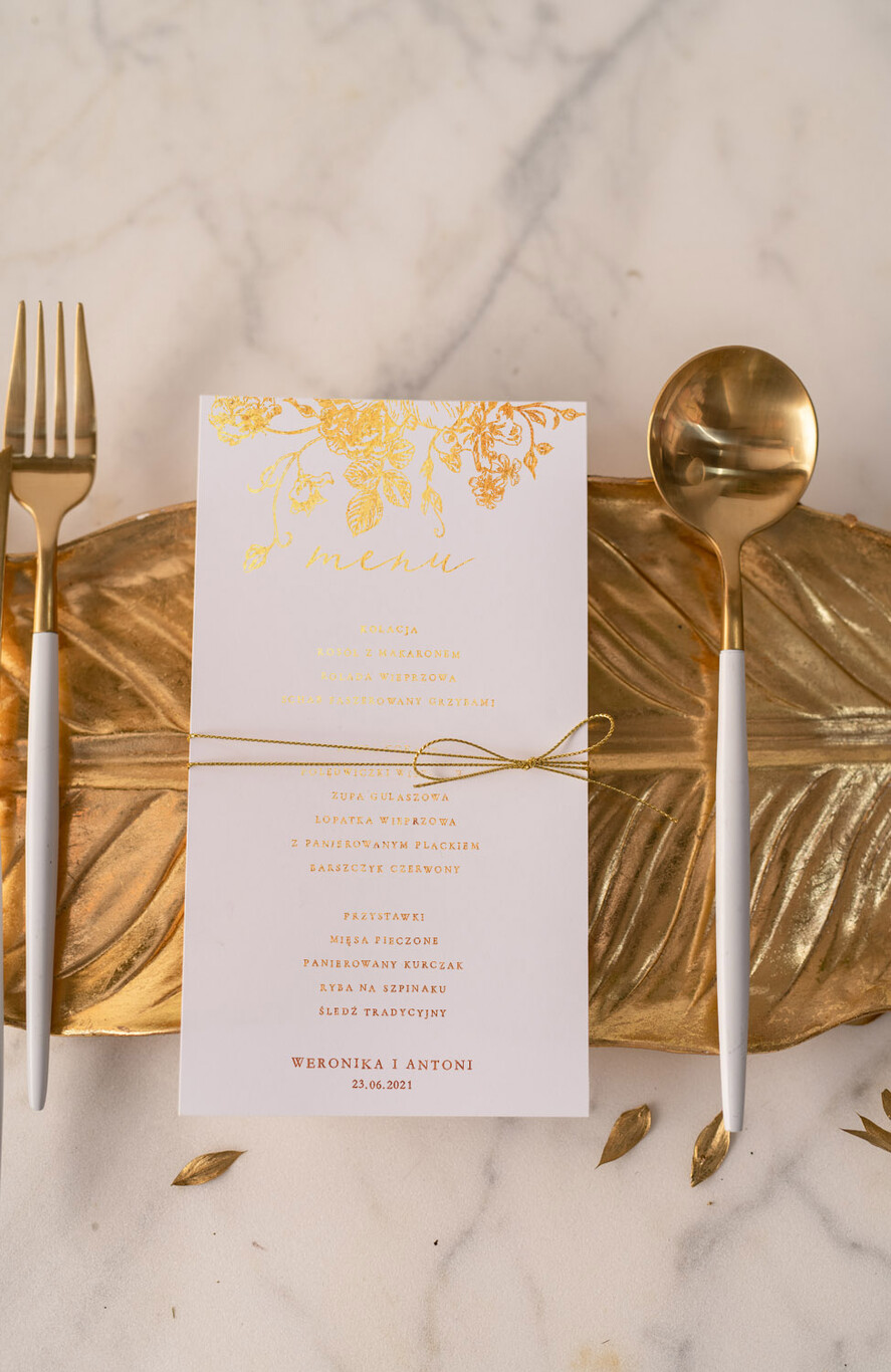 Menu glamour menu ślubne z planem posiłków, zlocone napisy dowolna treść0