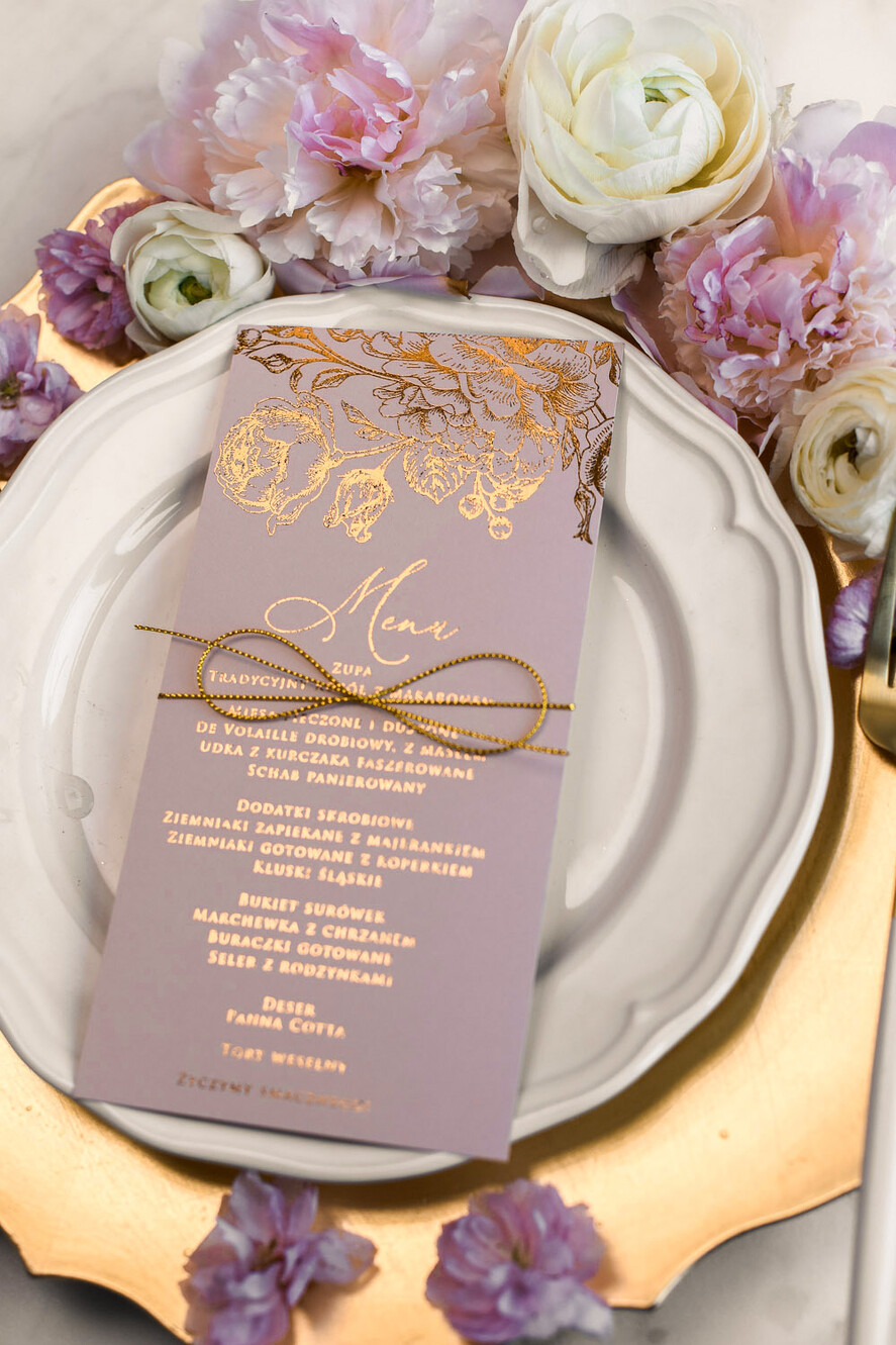 Menu glamour menu weselne na stoły plan podawania posiłków, złote lub srebrne napisy wasza treść0