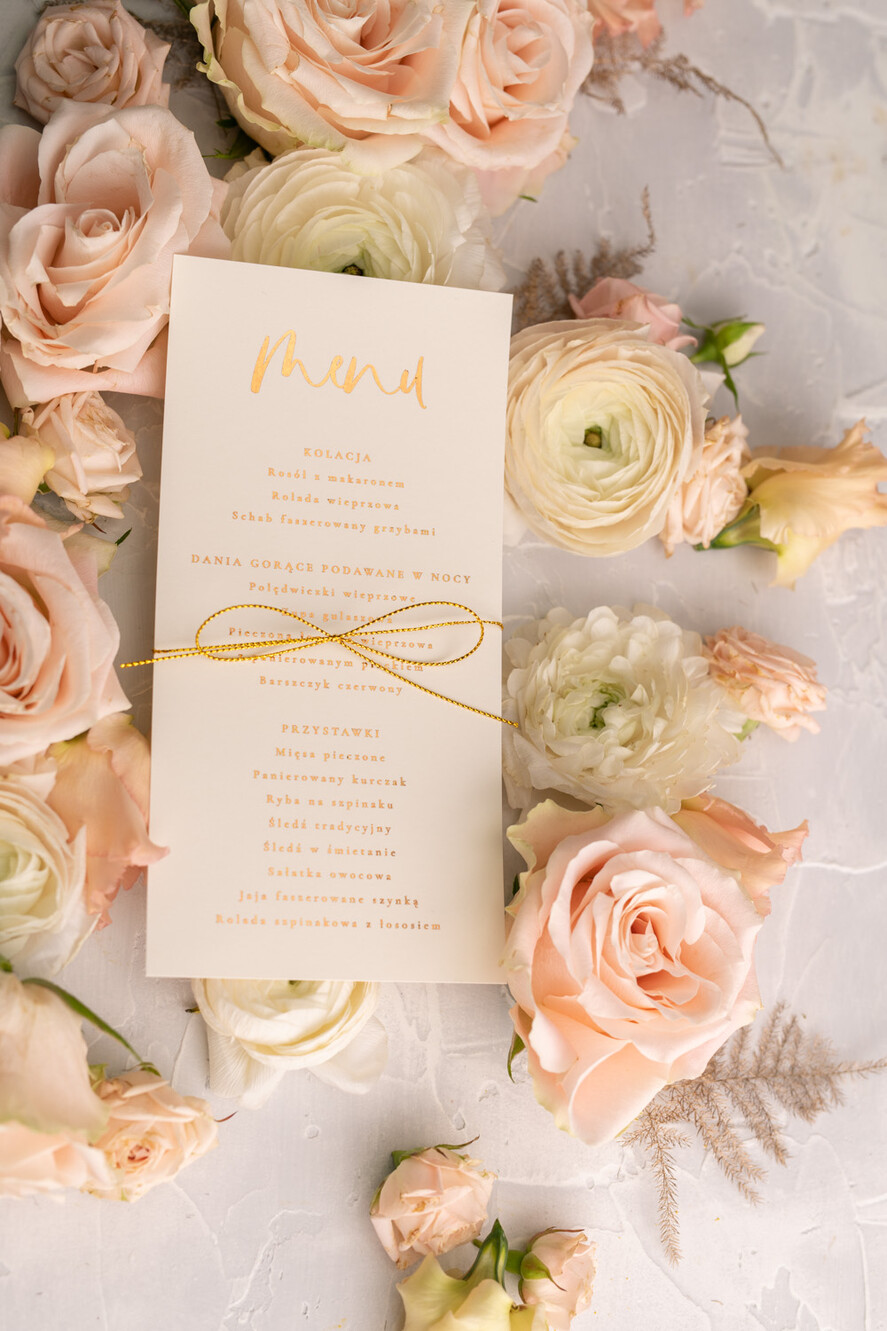 Menu glamour ślubne menu karta potraw weselnych, złote i eleganckie na klasyczne wesele2