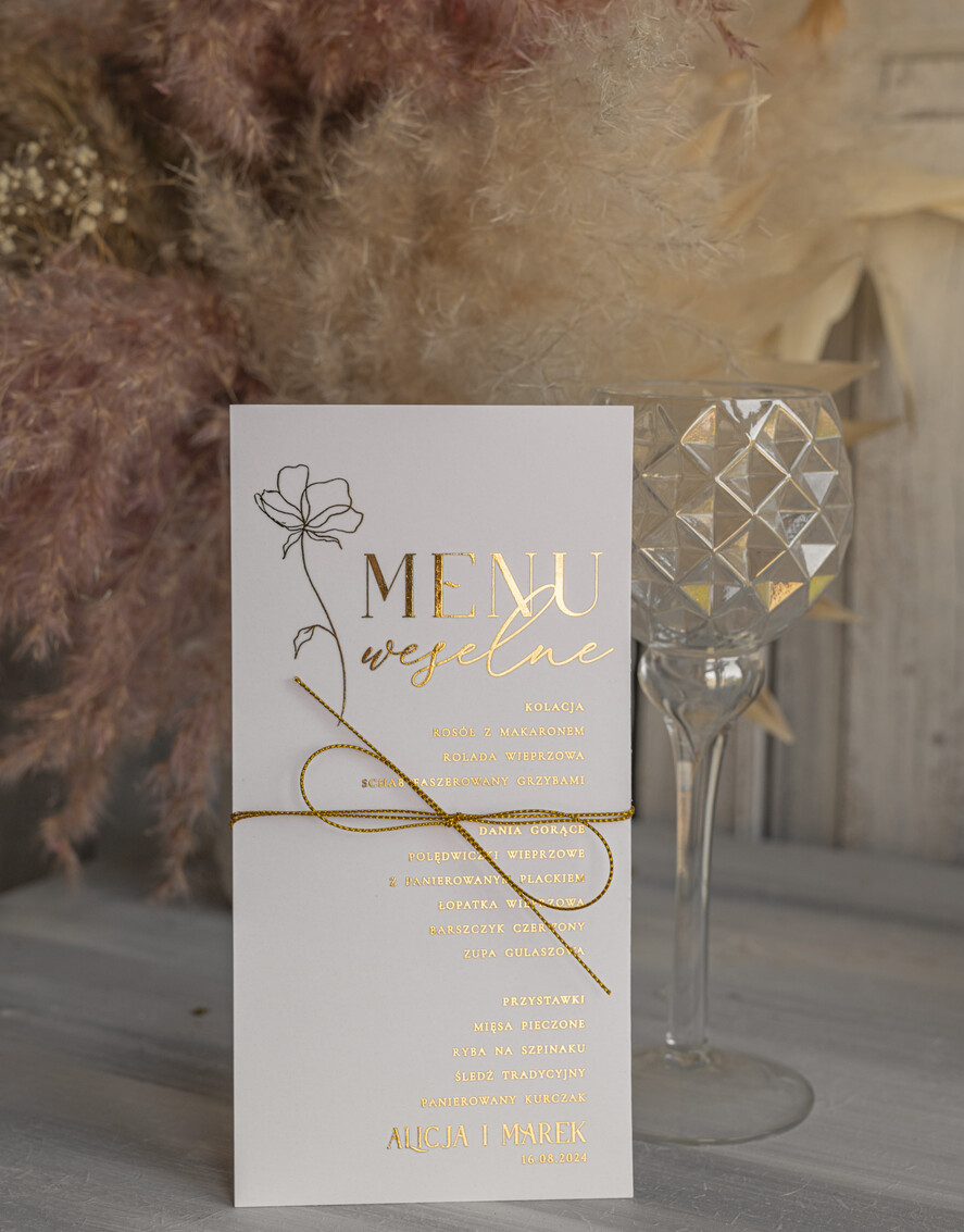 Menu glamour menu weselne plan podawania posiłków na weselu, złote i eleganckie na klasyczne wesele, karta dań weselne menu  glamour złote litery wasza treść1